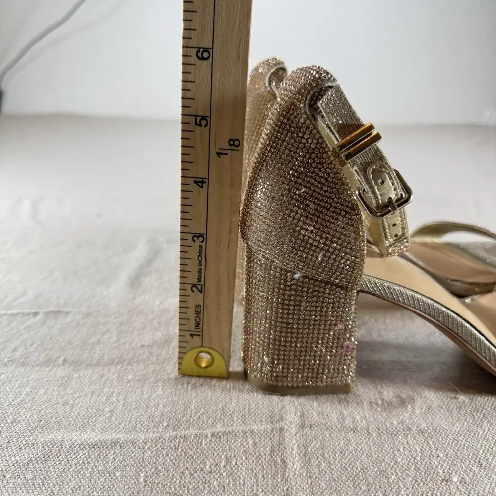 Gianni Bini Womens 8M Gold Rhinestone Block Heel Sandals Ankle Strap Sparkle